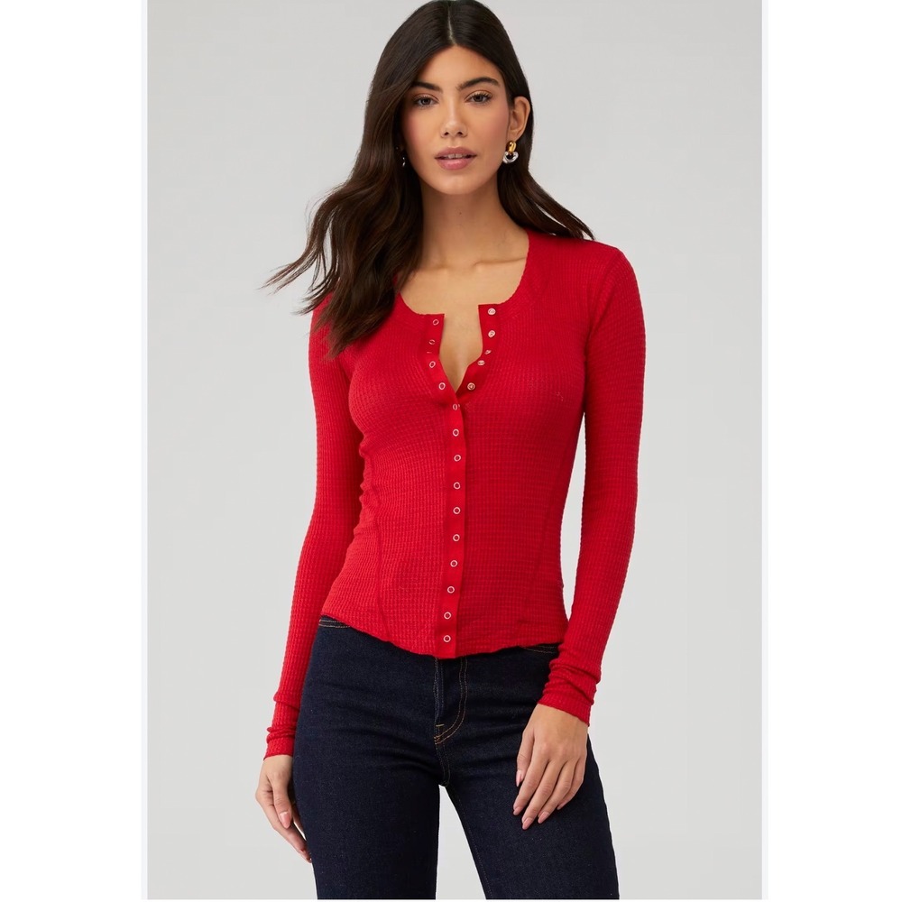 Free People Going Places Red Waffle Knit Snap Front Long Sleeve Thermal Top
